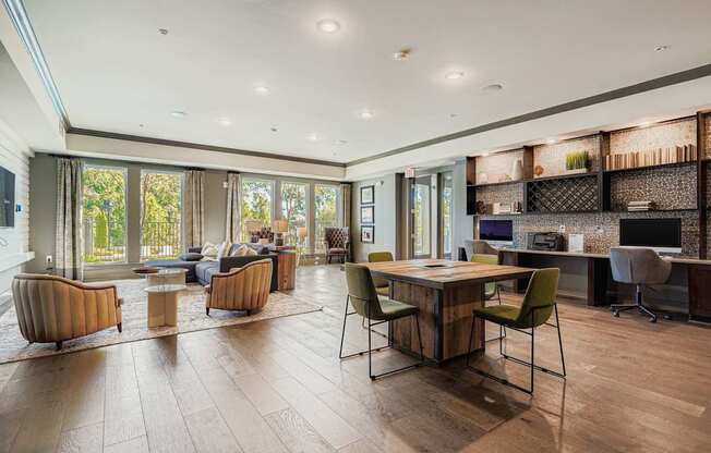 A modern living room with a wooden floor and a dining table with chairs.