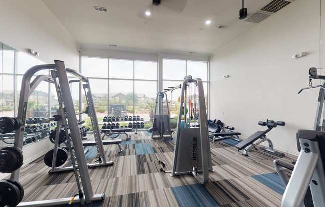a gym with a lot of exercise equipment on the floor and a large window