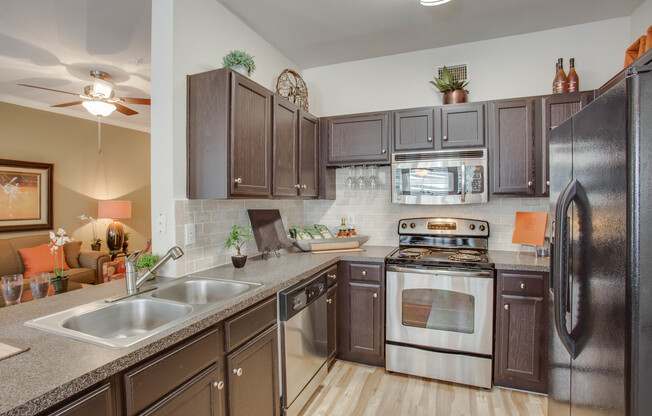 View of Kitchen with Plank-Wood Flooring, Stainless Steel Appliances, and Décor at Raveneaux Apartments