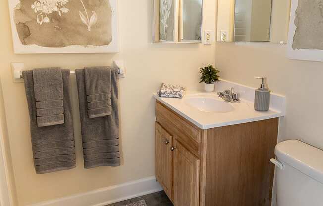 A bathroom with a toilet, sink, and mirror.