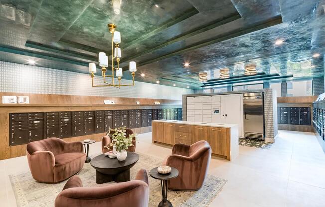 The package lounge at Modera Trailhead combines convenience and comfort, with lockers and stylish seating for a refined touch.