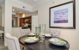 Model dining room table in an apartment for rent in Atlanta, GA.