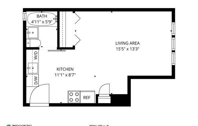 Studio, 1 bath, 308 sqft, $1,550, Unit 303