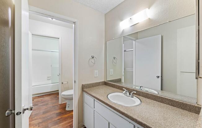 a room with a sink and a mirror