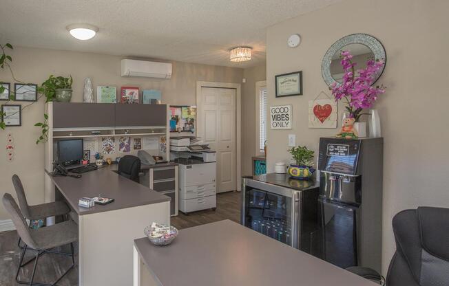 a kitchen with a table in a room