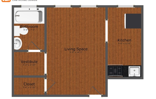 Studio, 1 bath, 271 sqft, $890, Unit 206