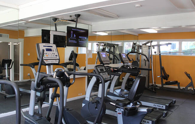 a room filled with lots of cardio equipment and weights