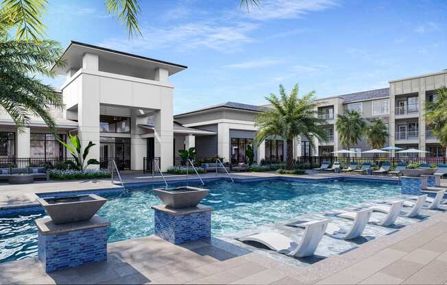 a swimming pool in front of a hotel with palm trees