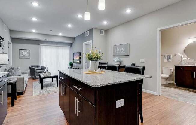 a kitchen with a counter top and a living room. Circle Pines, MN Lexington Lofts