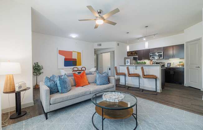 a living room with a couch and a coffee table