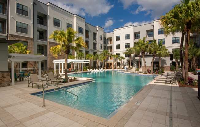 outdoor pool area at the cannery at packing district apartments