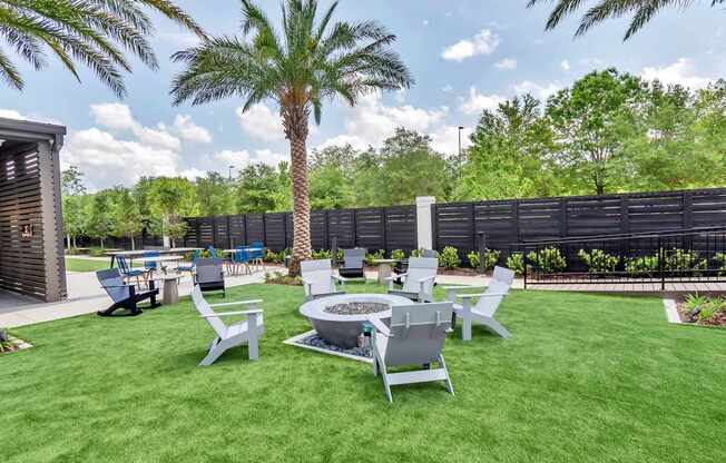 An outdoor fire pit and chairs.