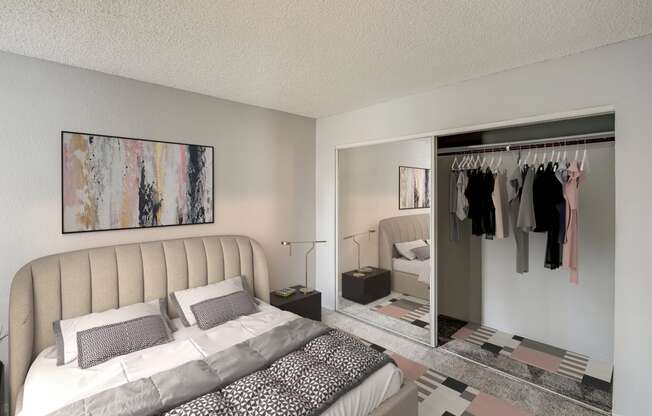 a bedroom with a bed and a closet