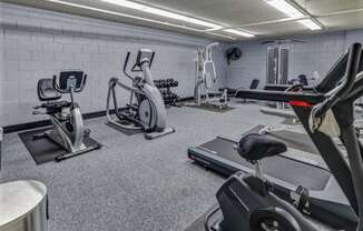 a gym with cardio equipment and weights in a building