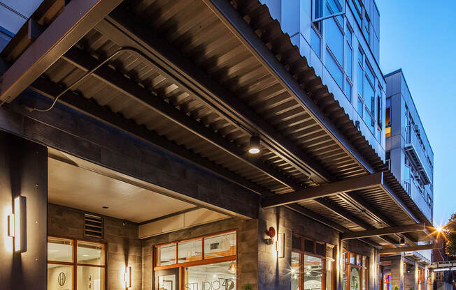 a view of the front of a building at night at The Hayes on Stone Way, Seattle, Washington