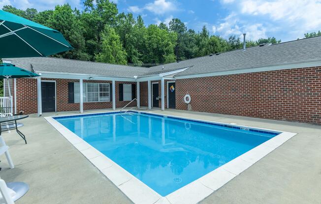 a pool next to a building