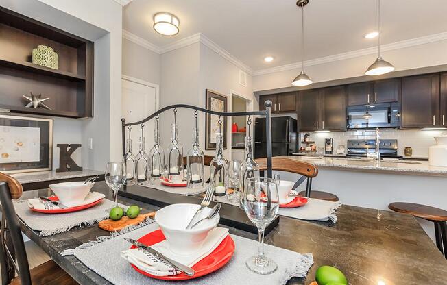 a kitchen with a dining table