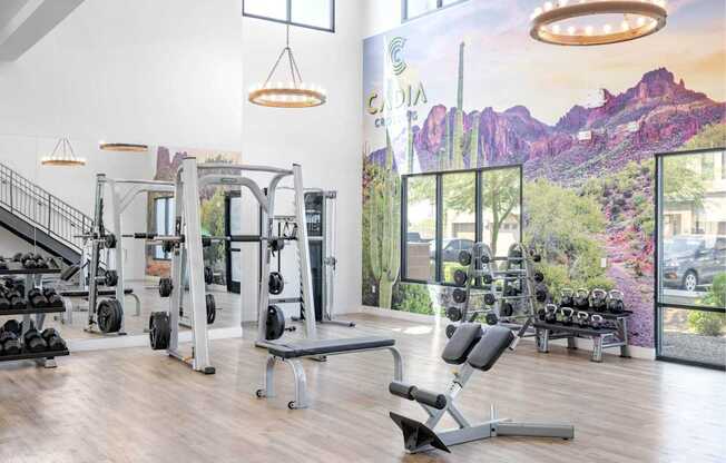A gym with a variety of equipment and a large window showing a view of the outdoors.