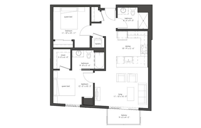 2 beds, 2 baths, 881 sqft, $1,787, Unit 309