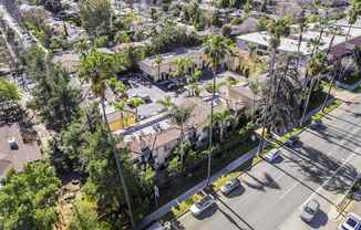 A street view of a residential area with houses and parked cars.
