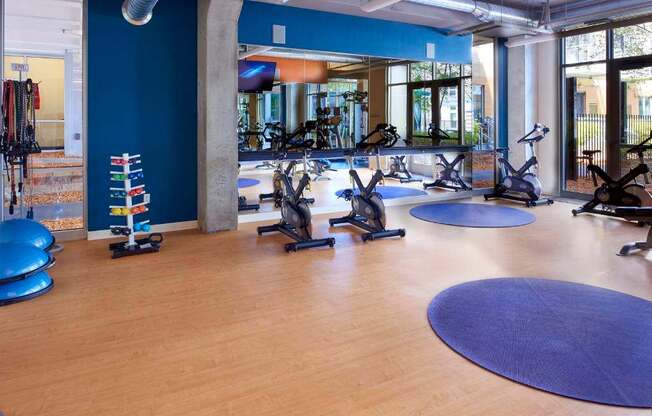 A gym with exercise equipment and a blue wall.