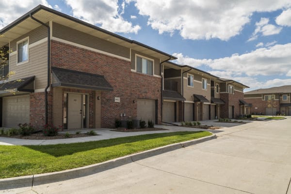 Private entrances and attached garages at The Villas at Falling Waters in west Omaha, NE