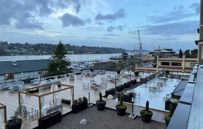 Exterior patio with water views at Harbor Heights 55+ Community, Olympia, Washington