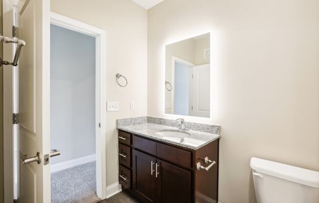 a bathroom with a sink and mirror and a toilet