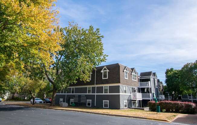 a picture of a building on a street corner with trees in the foreground and a blue sky