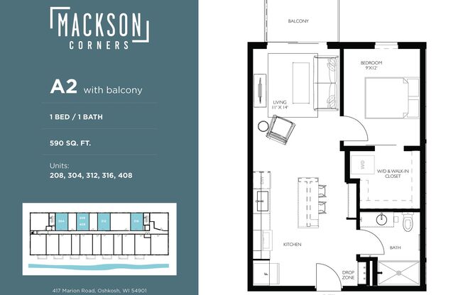 1 bed, 1 bath, 590 sqft, $1,395, Unit 212