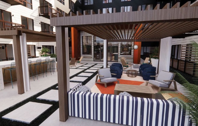 a lobby with chairs and tables in a building