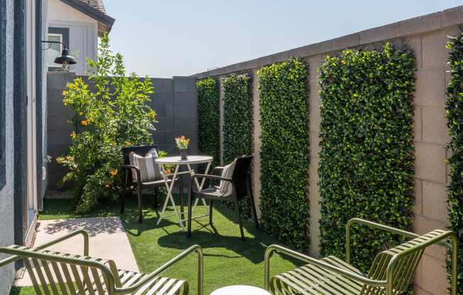 a small backyard with a table and chairs and a privacy hedge