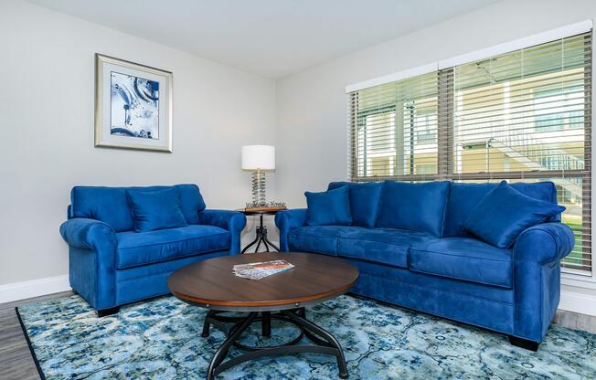 a living room with blue furniture