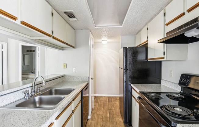 Modern kitchen with black appliances and double basin sink at Bandera Crossing apartments in San Antonio, TX