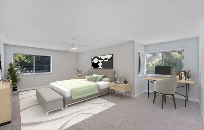 an image of a bedroom with a bed and a desk with a chair