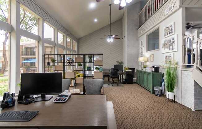 This is a picture of the leasing office with coffee bar at Canyon Creek in the Midtown neighborhood of Dallas, TX .