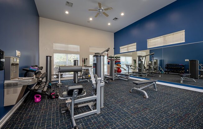 A spacious gym with a variety of equipment including a treadmill, weight bench, and a squat rack.