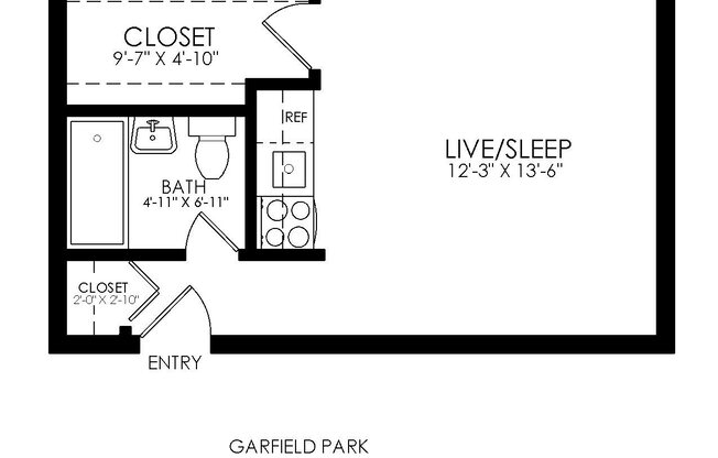 the floor plan for the guest house has a closet and a bathroom with a shower