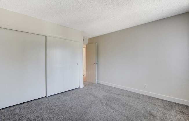 A room with a grey carpet and white walls.