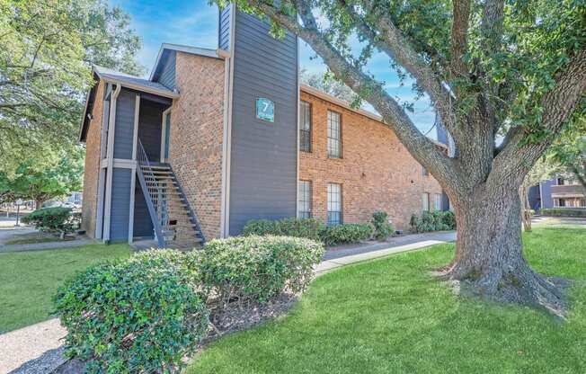 Beautifully maintained grounds surrounding our apartments with a large tree at The Pearl apartments in Shreveport, LA