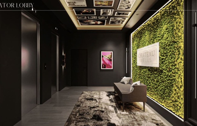 a living wall of moss in a lobby with a chair
