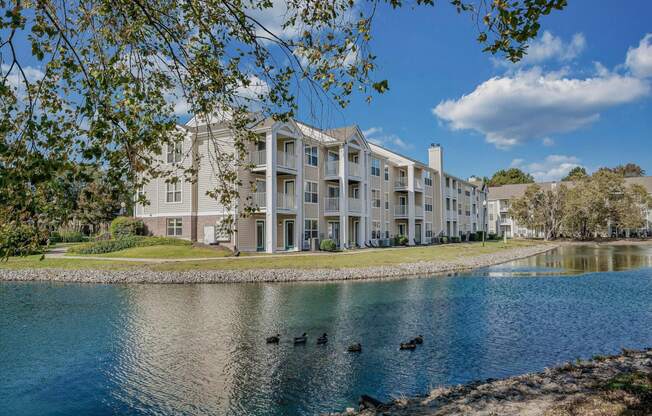 an apartment building overlooking a lake with ducks in the water