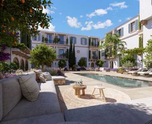 a living room with a couch and a swimming pool