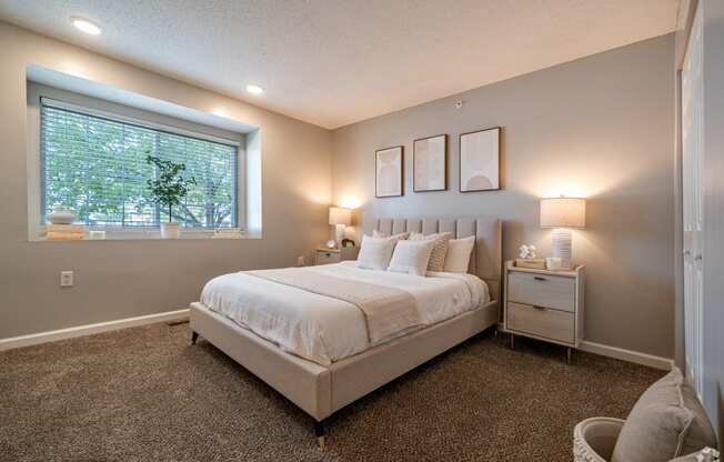 the master bedroom has a large window and carpeted floors