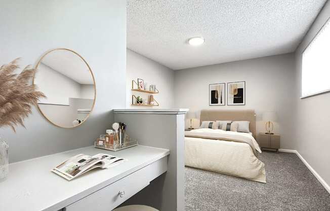 A bedroom with a bed, nightstand, and a desk with a vase and a magazine on it.