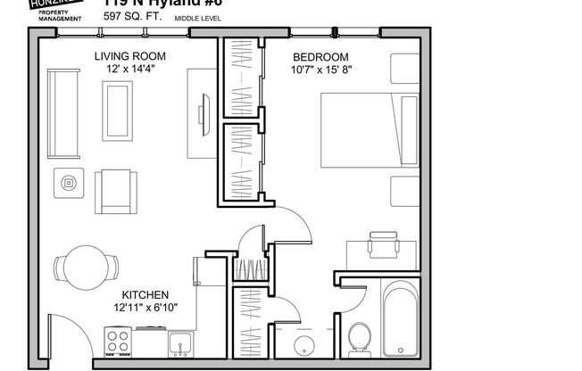 1 bed, 1 bath, 593 sqft, $890, Unit 6