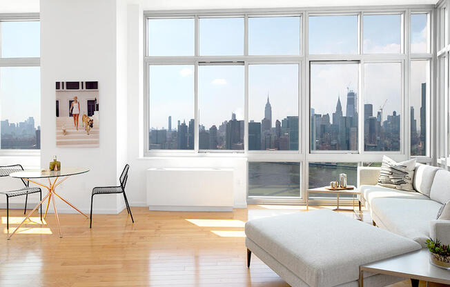 Penthouse rental in Long Island City with high ceilings, floor to ceiling windows, and magnificent v