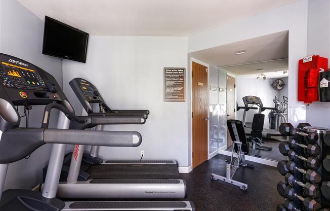 a room filled with cardio equipment and a flat screen tv