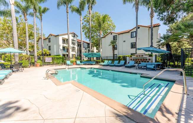 our apartments have a swimming pool with chairs and umbrellas
