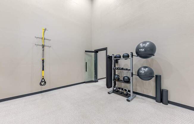 A TRX suspension trainer is hanging on a wall in a room with a grey floor.